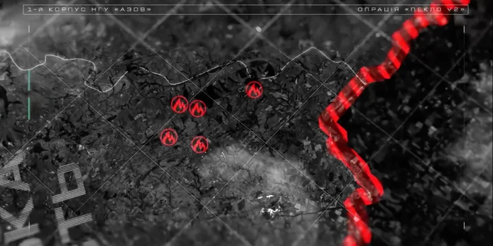 Скриншот відео «Азову» із позначеними на карті палаючими точками уражених паливних обʼєктів на Донеччині