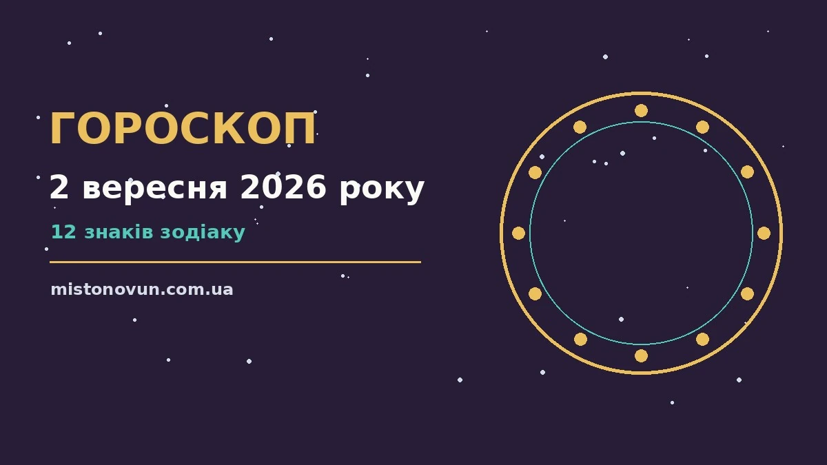 Гороскоп на 2 вересня 2026 року — ілюстрація зі знаками зодіаку, планувальником і зоряним небом